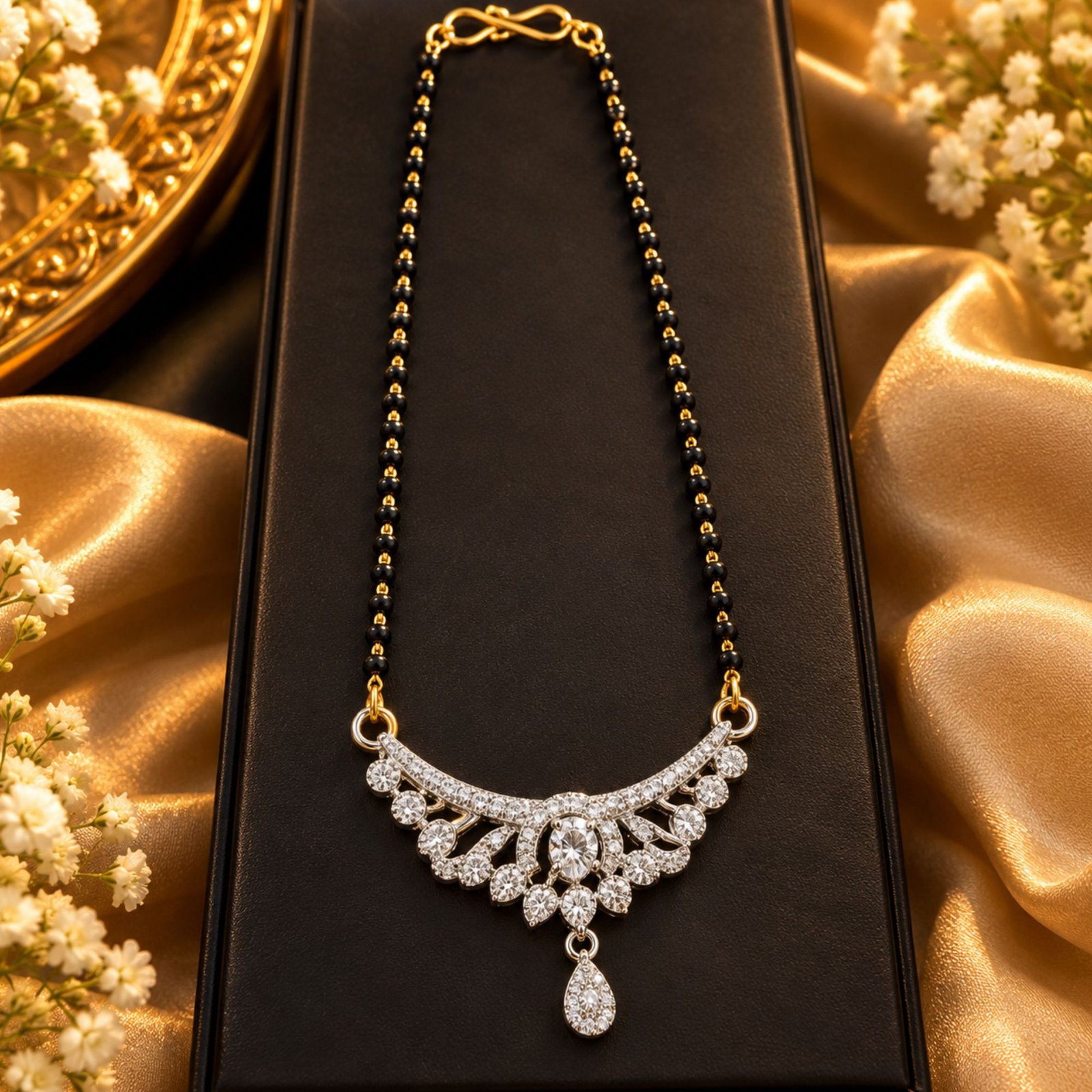 Women Gold-Plated CZ Crescent Arch Feather Lattice Mangalsutra - Image 2