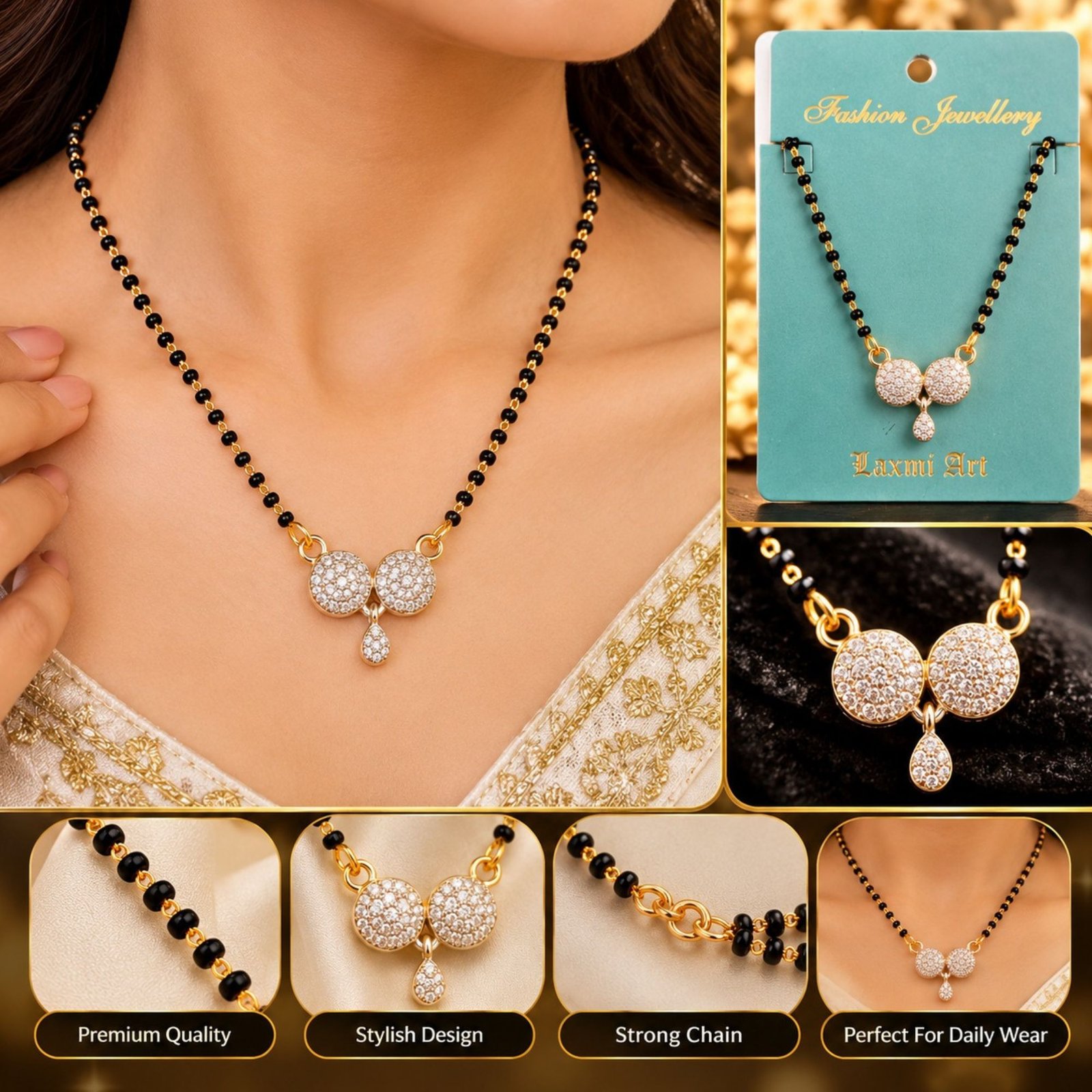 Women Gold-Plated CZ Cubic Zirconia Twin Disc Mangalsutra - Image 3