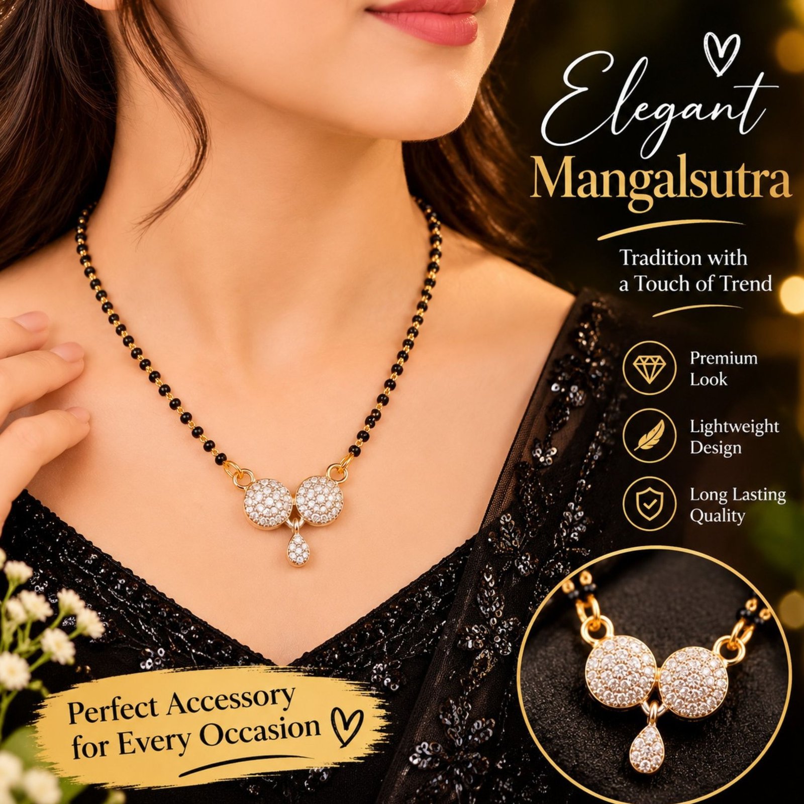 Women Gold-Plated CZ Cubic Zirconia Twin Disc Mangalsutra