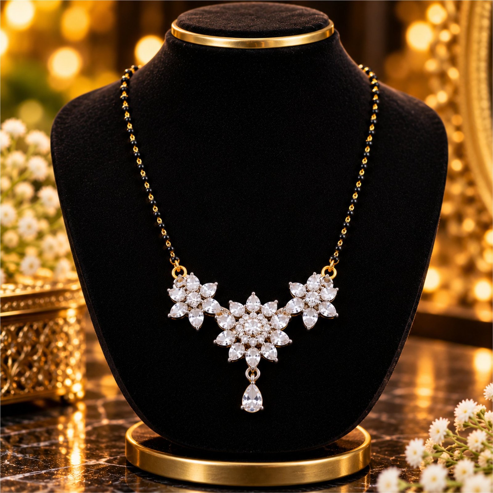 Women Gold-Plated CZ Marquise Floral Bloom Bouquet Mangalsutra - Image 2