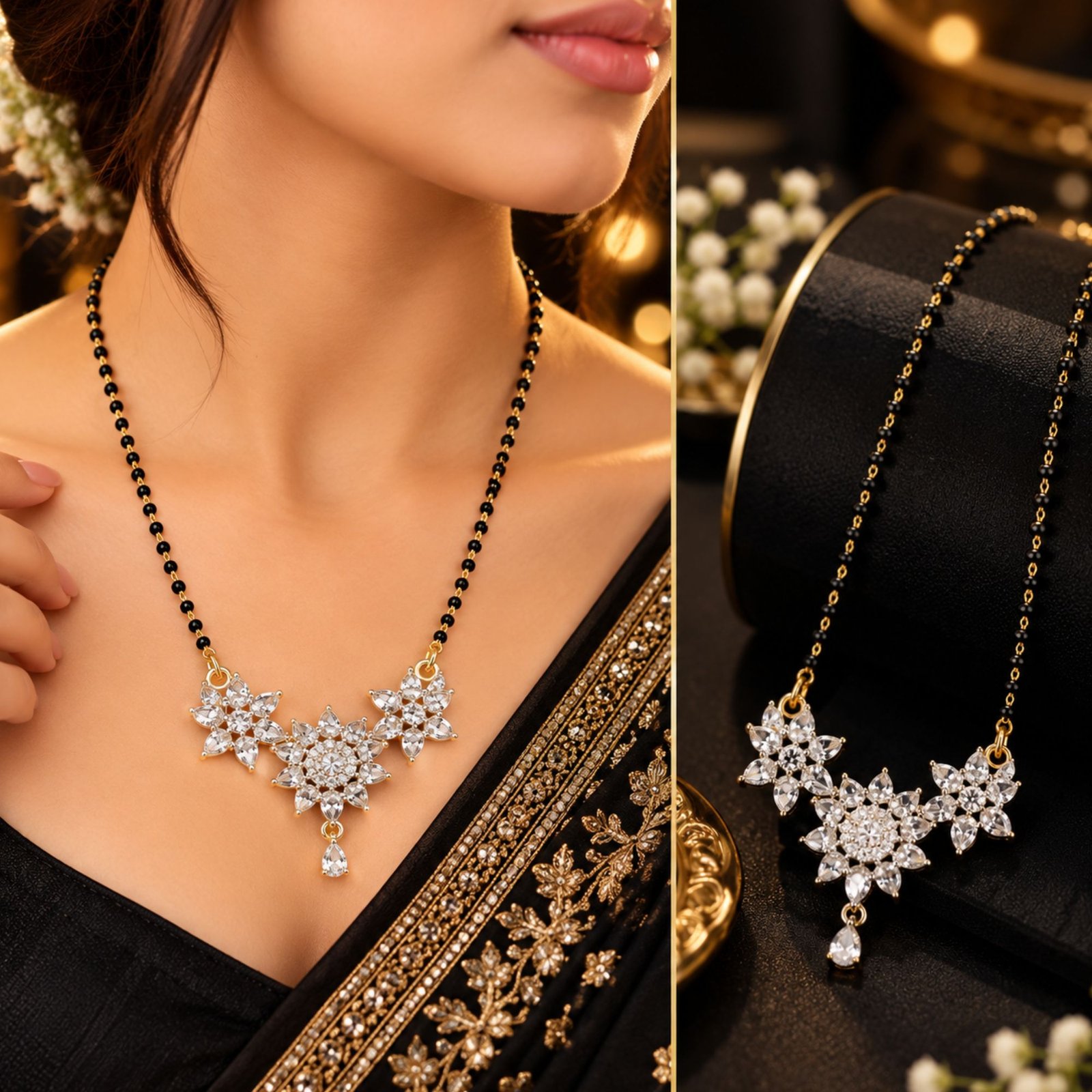 Women Gold-Plated CZ Marquise Floral Bloom Bouquet Mangalsutra - Image 4