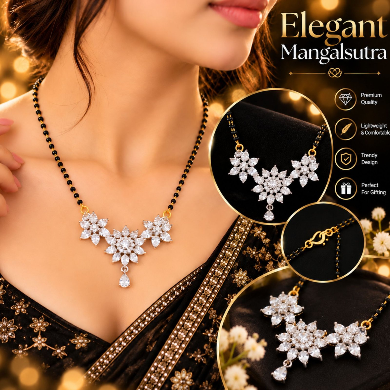 Women Gold-Plated CZ Marquise Floral Bloom Bouquet Mangalsutra