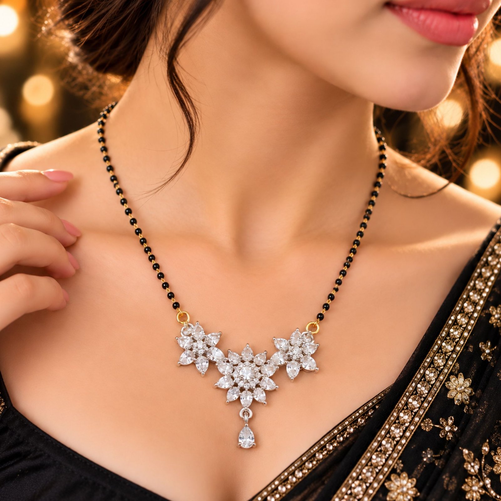 Women Gold-Plated CZ Marquise Floral Bloom Bouquet Mangalsutra - Image 3