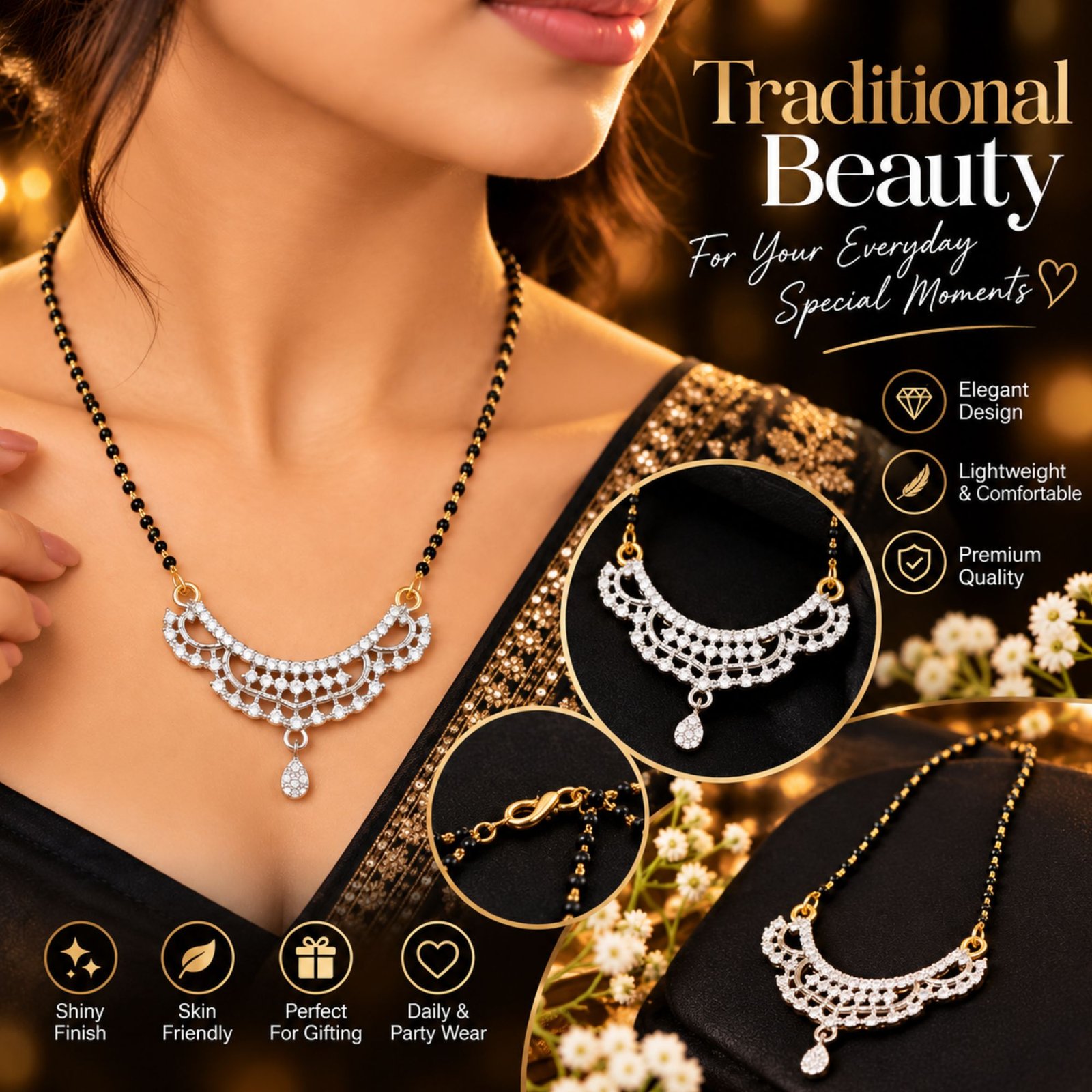 Women Gold-Plated CZ Radiance Crescent Net Filigree Mangalsutra