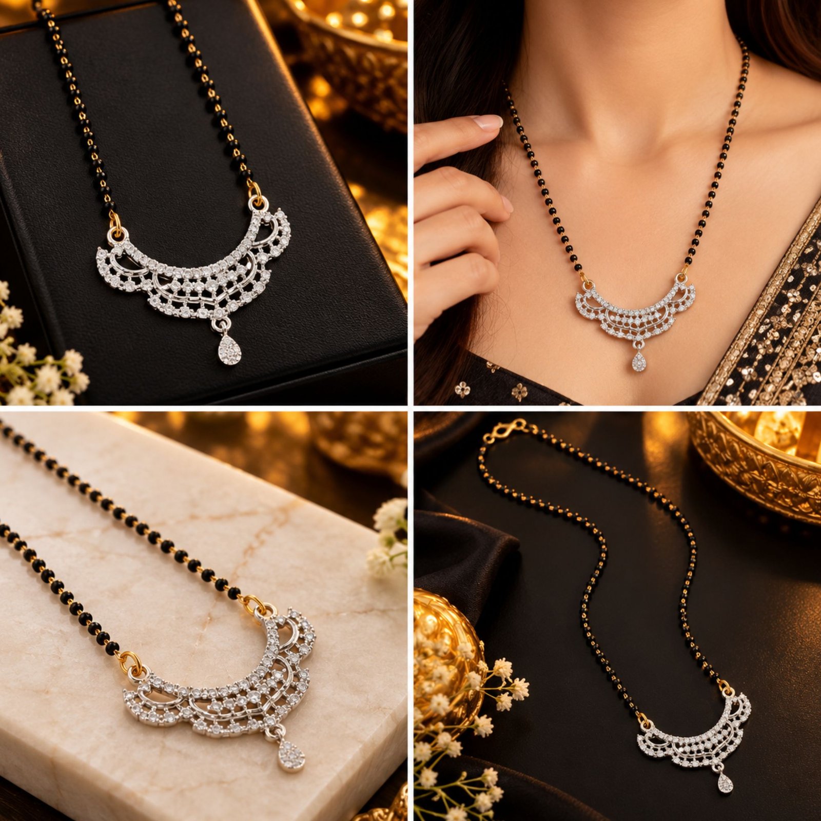 Women Gold-Plated CZ Radiance Crescent Net Filigree Mangalsutra - Image 2