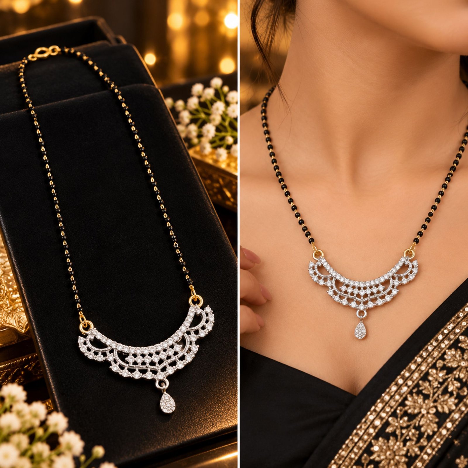 Women Gold-Plated CZ Radiance Crescent Net Filigree Mangalsutra - Image 3
