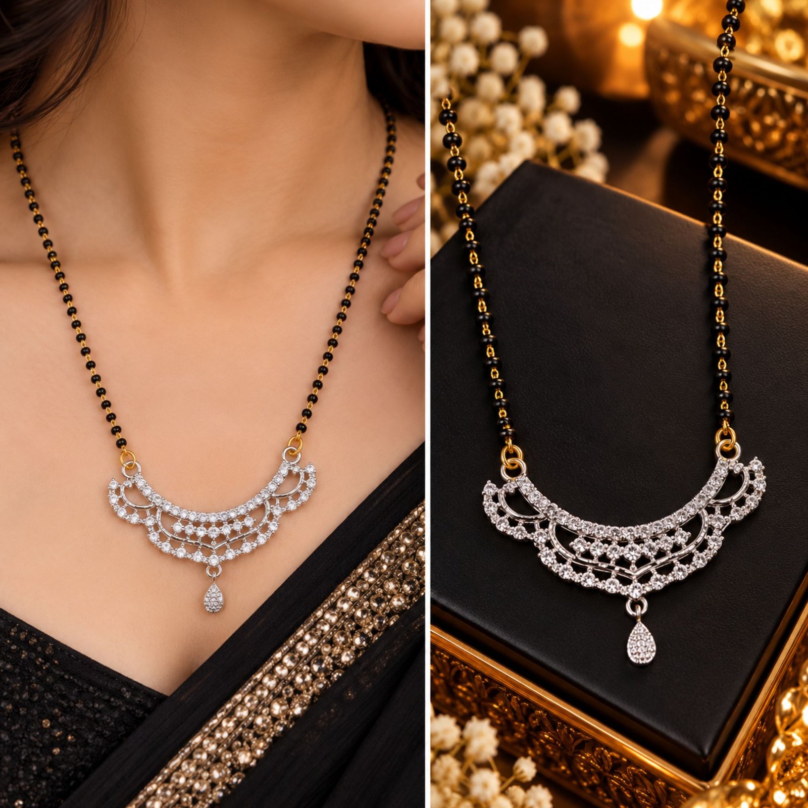 Women Gold-Plated CZ Radiance Crescent Net Filigree Mangalsutra - Image 5