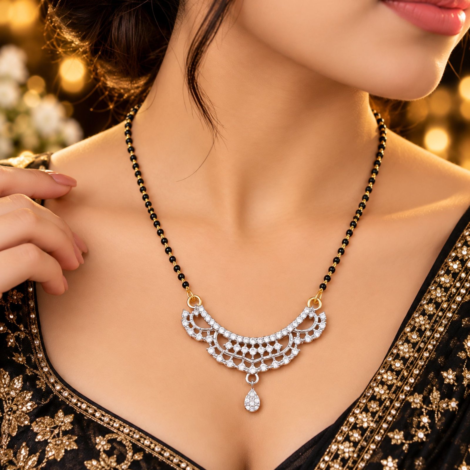 Women Gold-Plated CZ Radiance Crescent Net Filigree Mangalsutra - Image 4