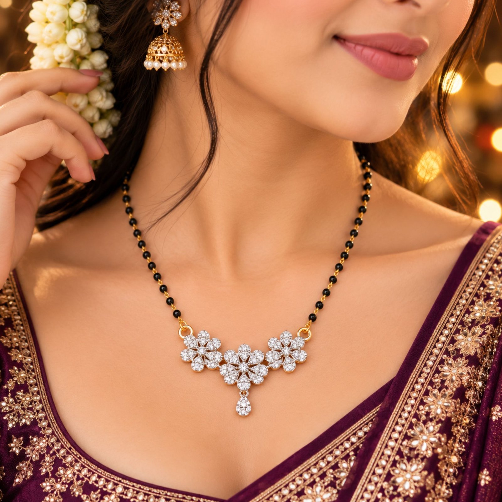 Women Gold-Plated Trio Floral CZ Cluster Mangalsutra