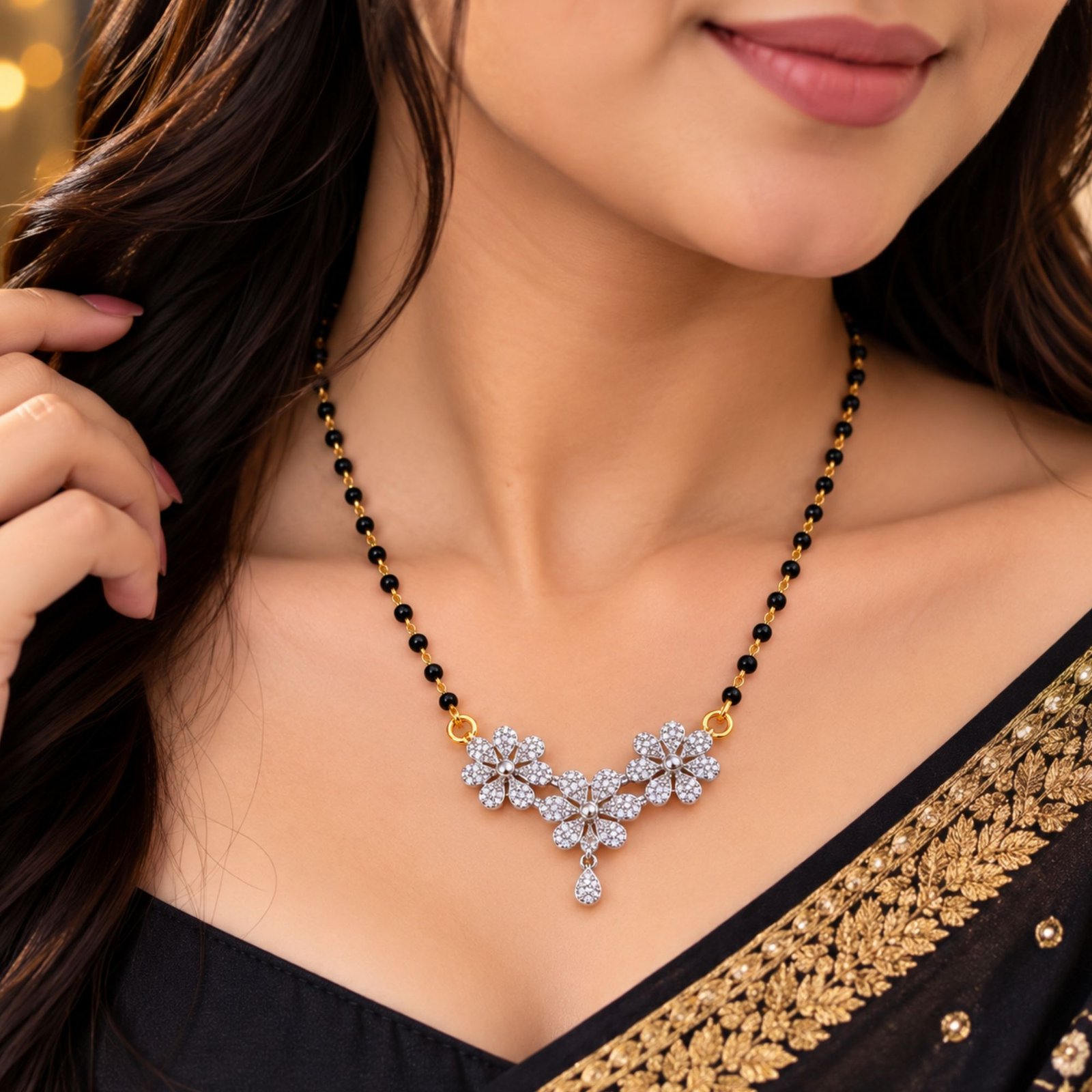 Women Gold-Plated Trio Floral CZ Cluster Mangalsutra - Image 4