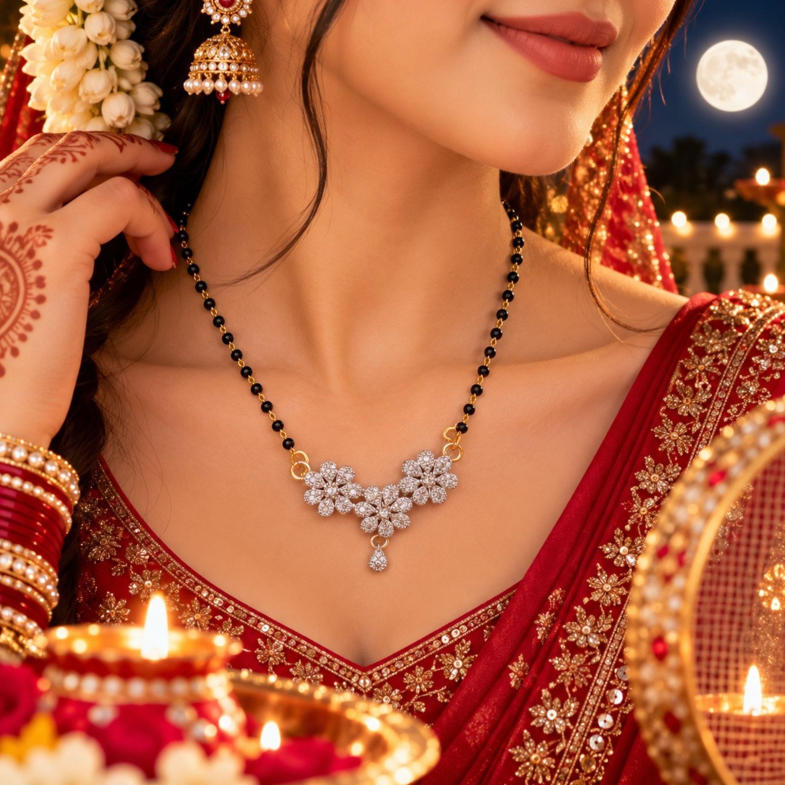 Women Gold-Plated Trio Floral CZ Cluster Mangalsutra - Image 2