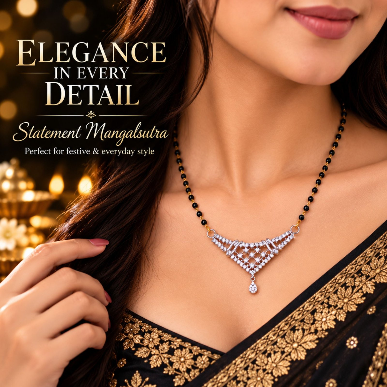 Women Silver-Plated CZ Curved Geometric V-Shape Mangalsutra