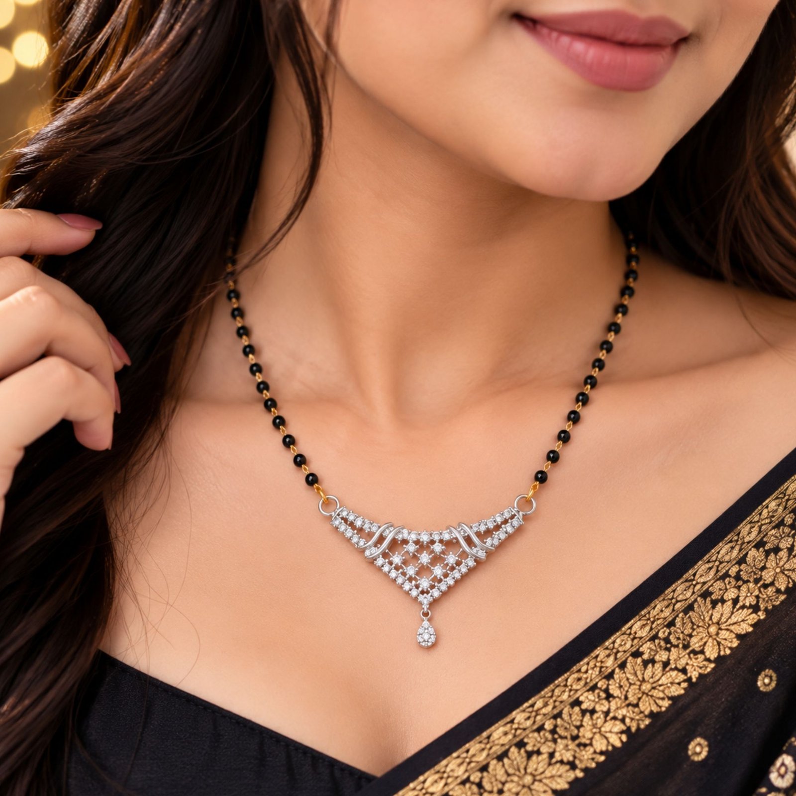 Women Silver-Plated CZ Curved Geometric V-Shape Mangalsutra - Image 3