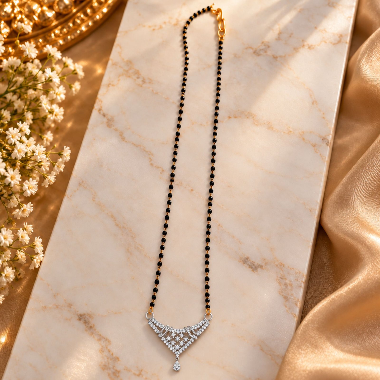 Women Silver-Plated CZ Curved Geometric V-Shape Mangalsutra - Image 2
