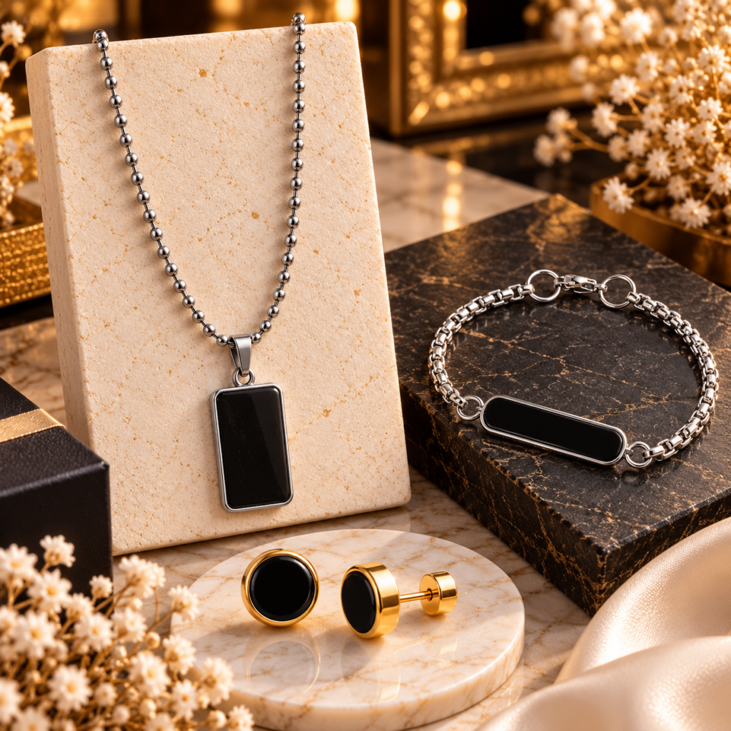 Unisex Stainless Steel Black Rectangle Bar Pendant & ID Bracelet Combo Set