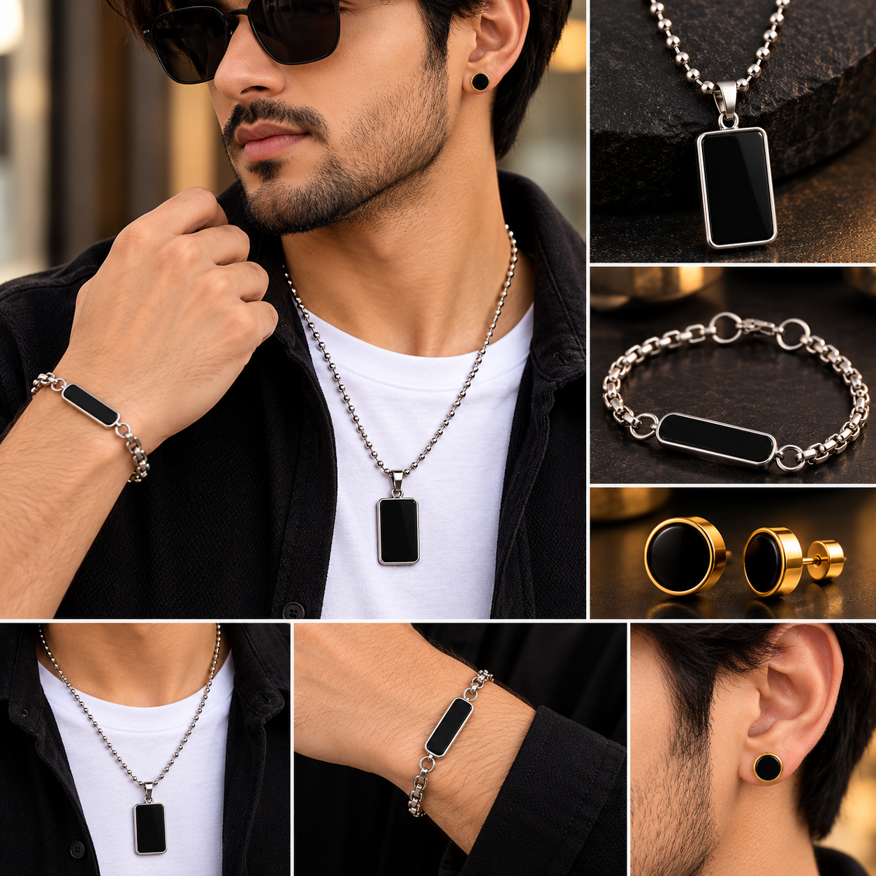 Unisex Stainless Steel Black Rectangle Bar Pendant & ID Bracelet Combo Set - Image 5