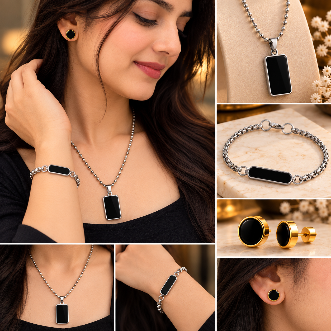 Unisex Stainless Steel Black Rectangle Bar Pendant & ID Bracelet Combo Set - Image 6