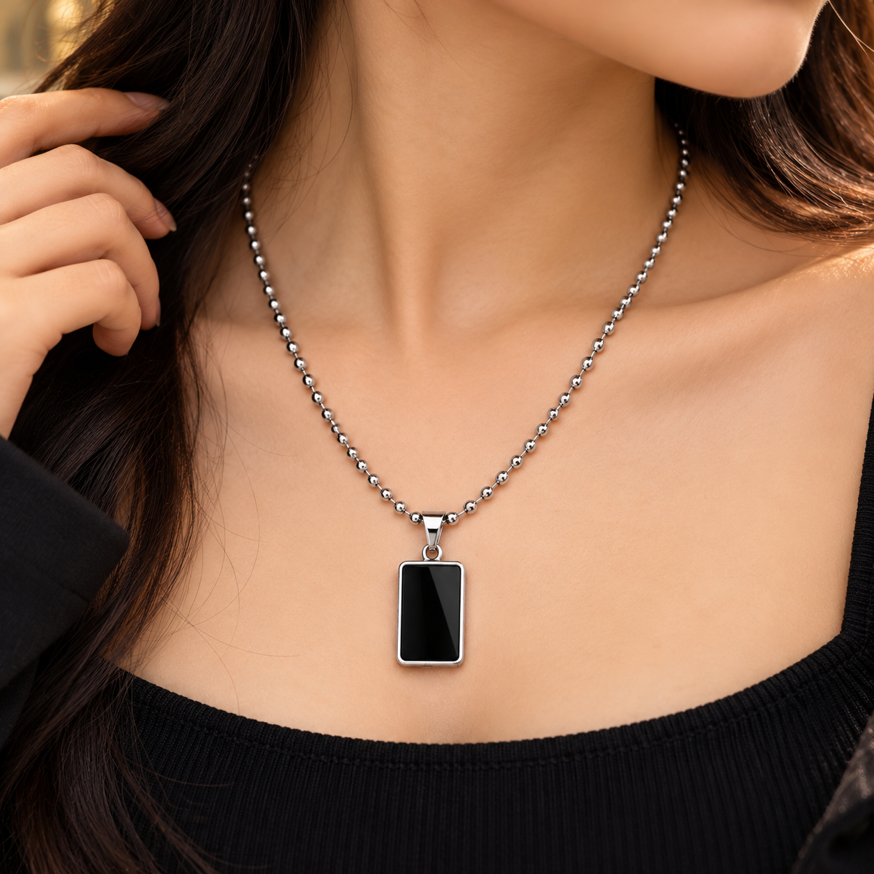 Unisex Stainless Steel Black Rectangle Bar Pendant Ball Chain Necklace - Image 3