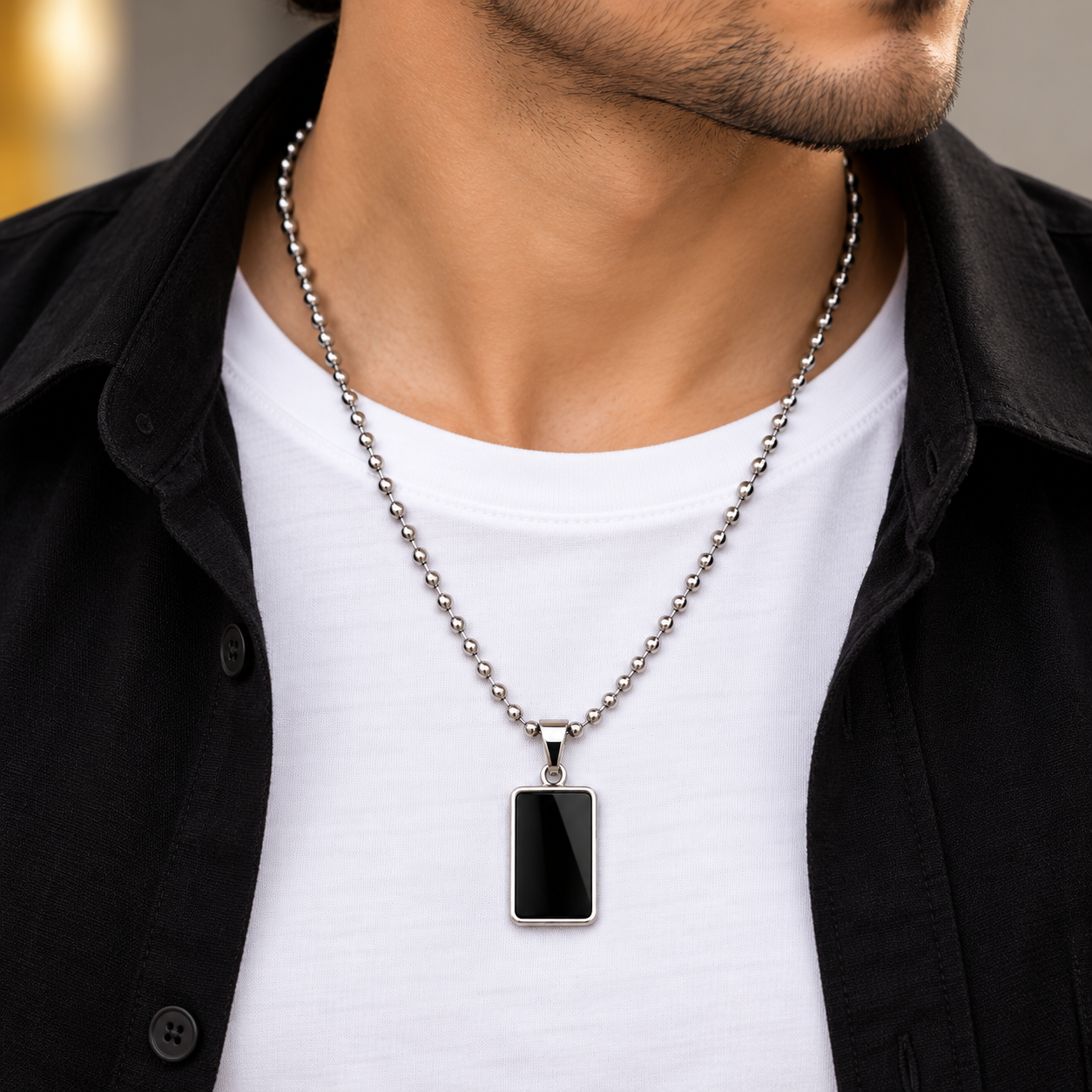 Unisex Stainless Steel Black Rectangle Bar Pendant Ball Chain Necklace - Image 2