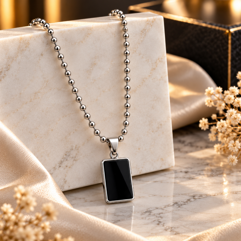 Unisex Stainless Steel Black Rectangle Bar Pendant Ball Chain Necklace
