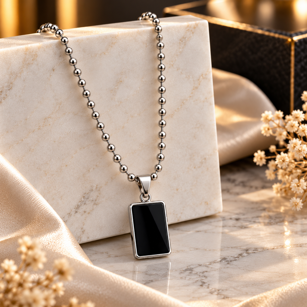 Unisex Stainless Steel Black Rectangle Bar Pendant & ID Bracelet Combo Set - Image 2