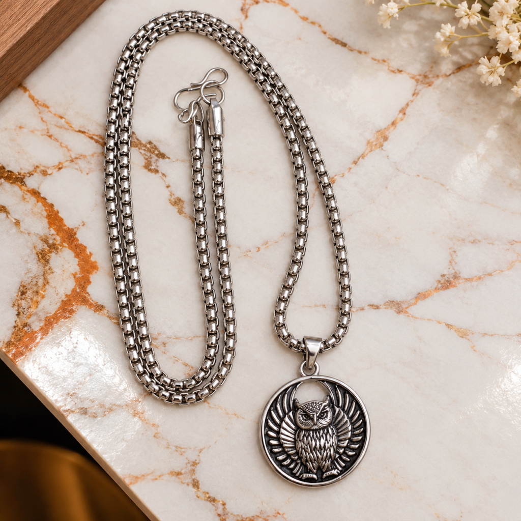 Stylish Stainless Steel Owl Pendant Box Chain Necklace for Men & Boys