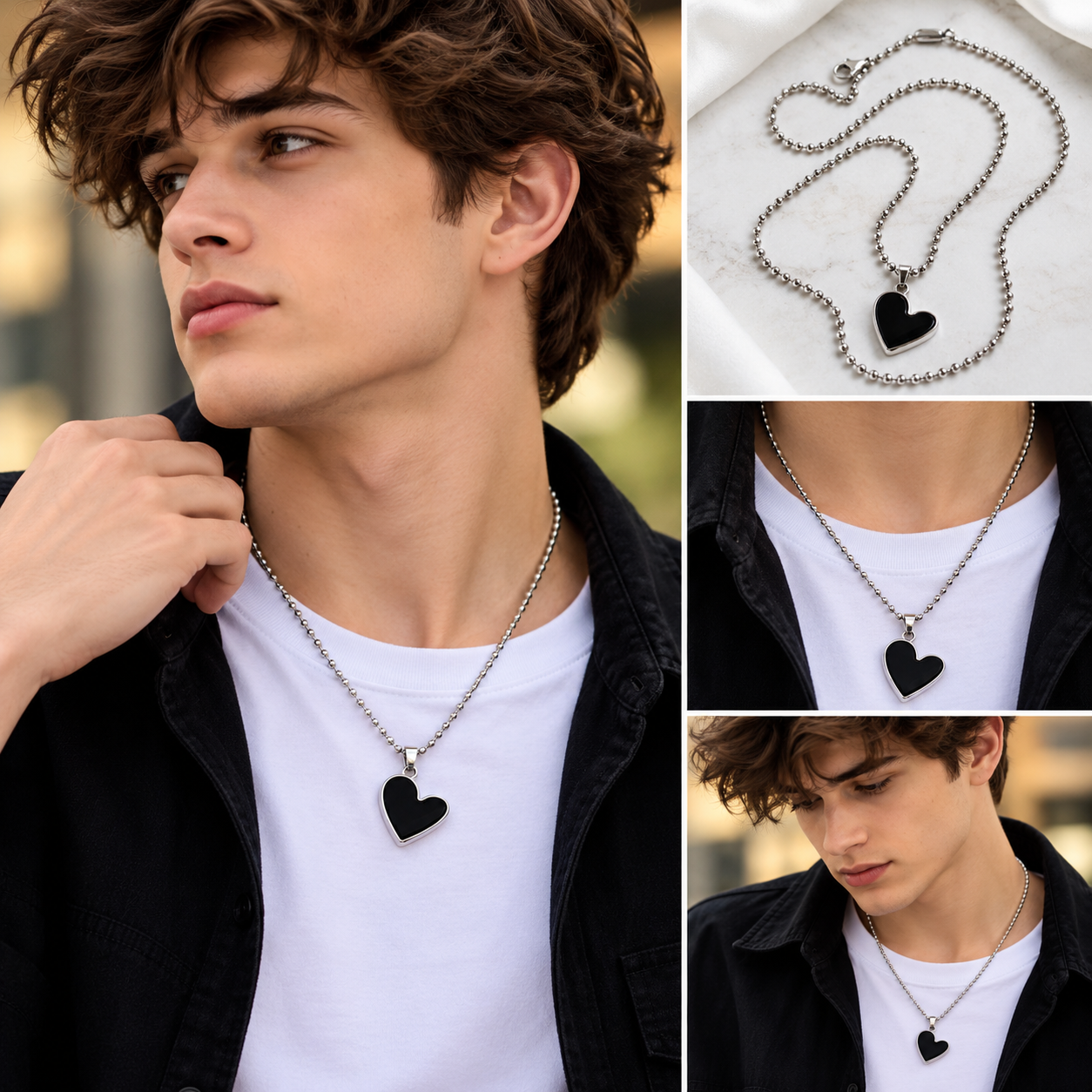 Unisex Stainless Steel Black Heart Pendant Ball Chain Necklace - Image 3