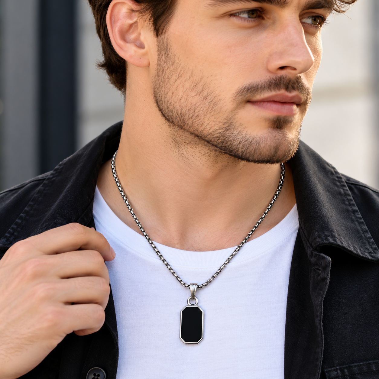 Unisex Stainless Steel Black Octagon Tag Pendant Box Chain Necklace - Image 2