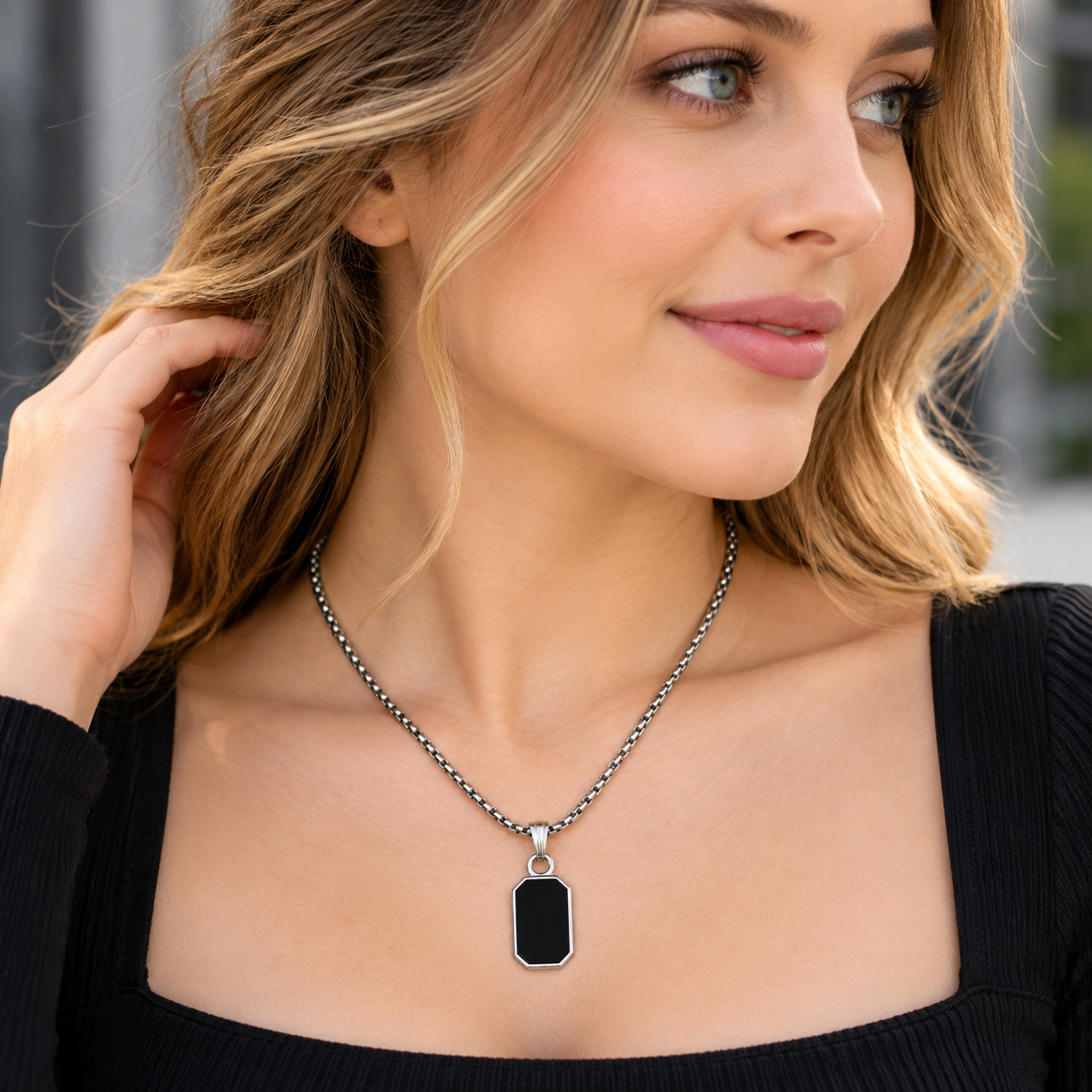 Unisex Stainless Steel Black Octagon Tag Pendant Box Chain Necklace - Image 3