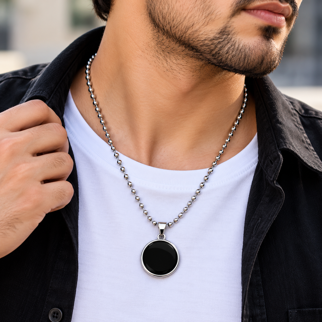 Unisex Stainless Steel Black Circle Pendant Ball Chain Necklace - Image 3