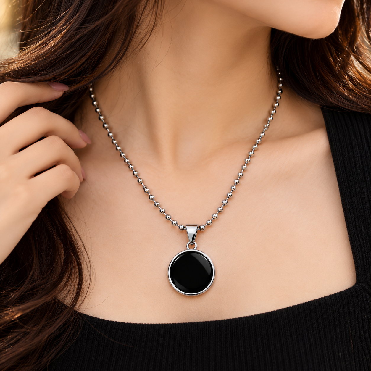 Unisex Stainless Steel Black Circle Pendant Ball Chain Necklace - Image 2