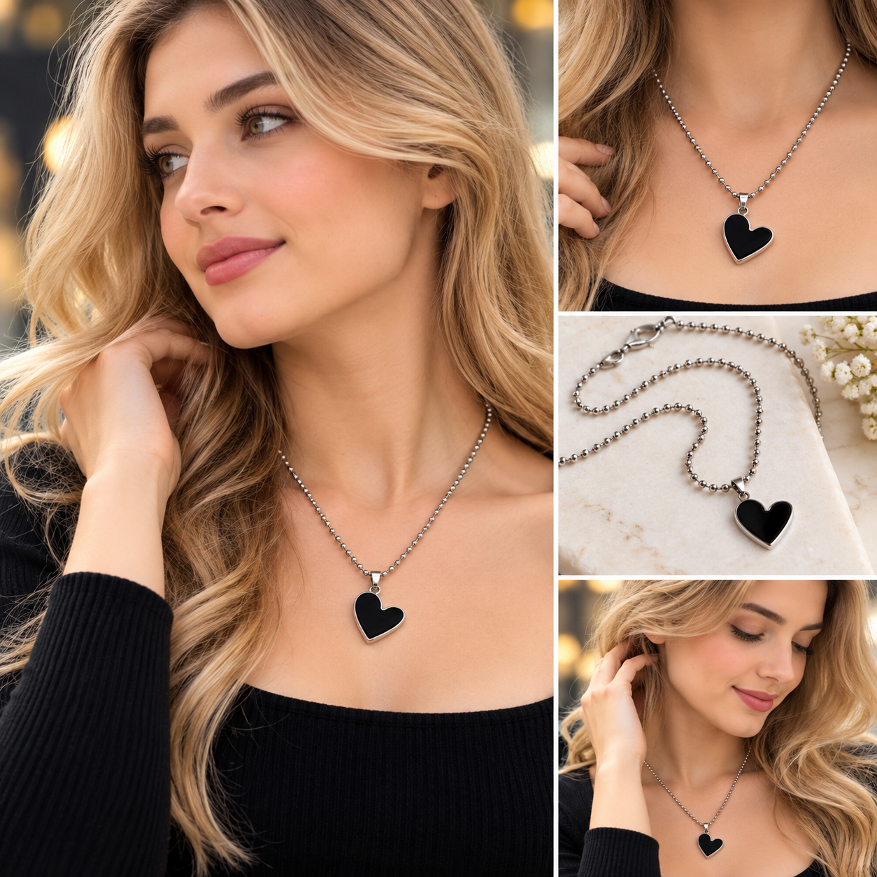 Unisex Stainless Steel Black Heart Pendant Ball Chain Necklace - Image 2