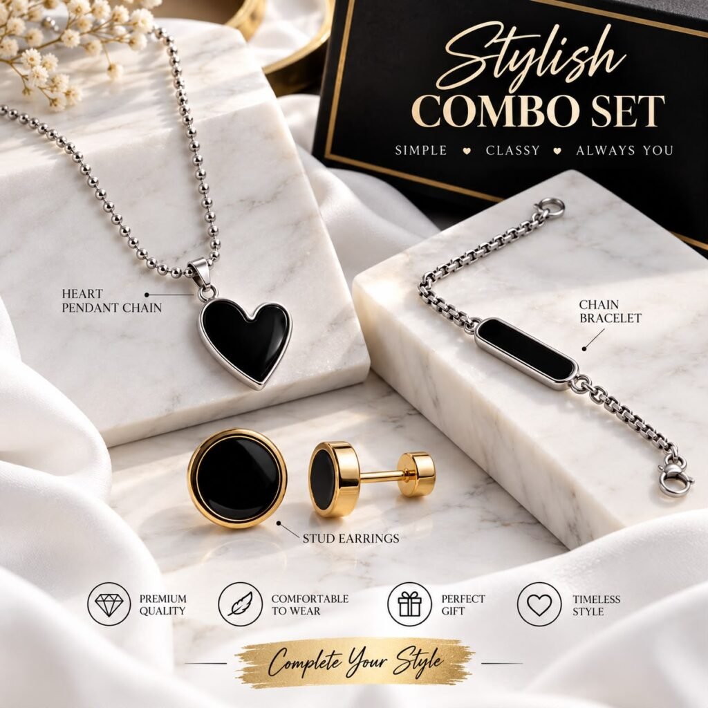 Unisex Stainless Steel Black Heart Pendant & ID Bracelet Combo Set